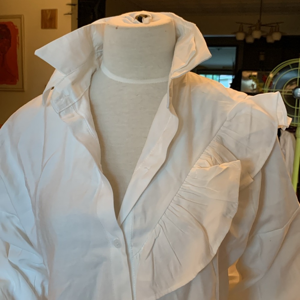 CHIC WHITE POETS BLOUSE WITH DOUBLE COLLAR AND RUFFLED DETAIL